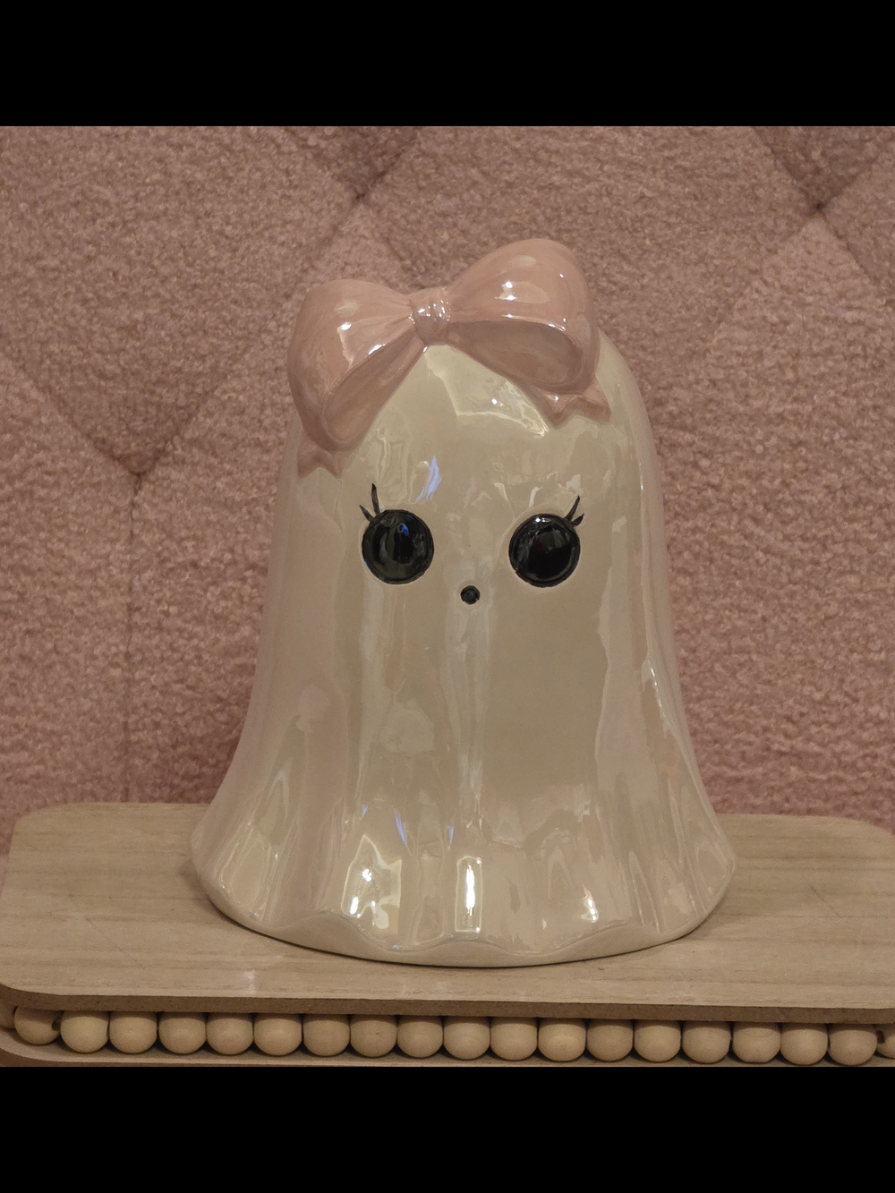 Coquette Ceramic Halloween Pink Bow Ghost Figurine - Home Accents